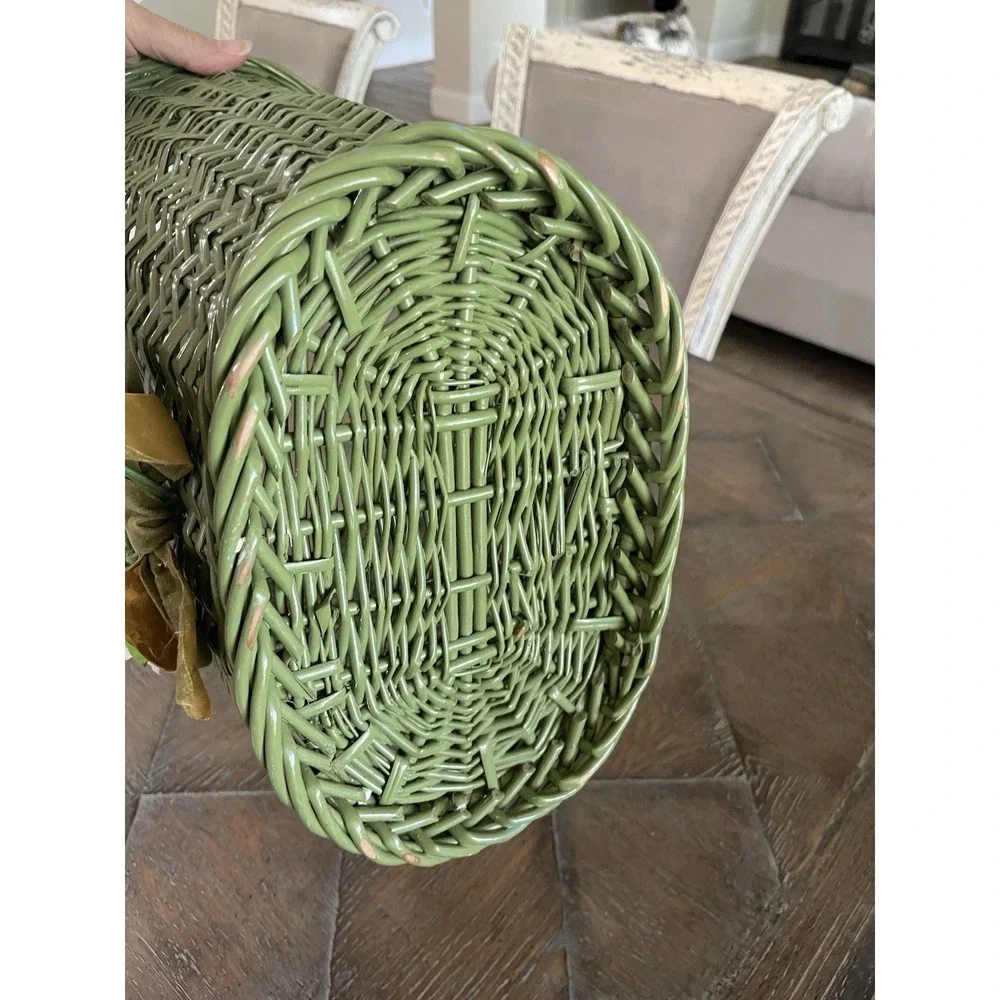 Vtg Green Wicker Rattan Waste Paper Basket Bin Can Unique White Floral Bouquet